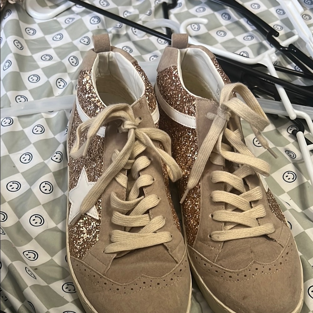 Gold and Tan Glitter Sneakers with Suede Finish